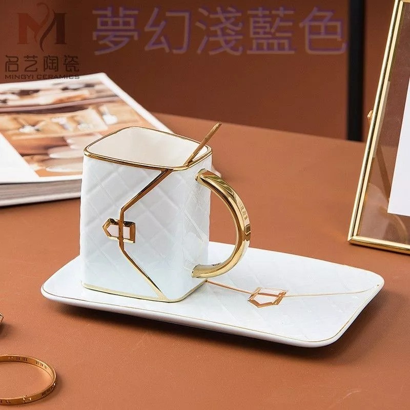 創意時尚包包造型菱格紋陶瓷花茶咖啡杯碟組結婚情人商務禮品馬克杯 (一杯一碟一勺）-細節圖4