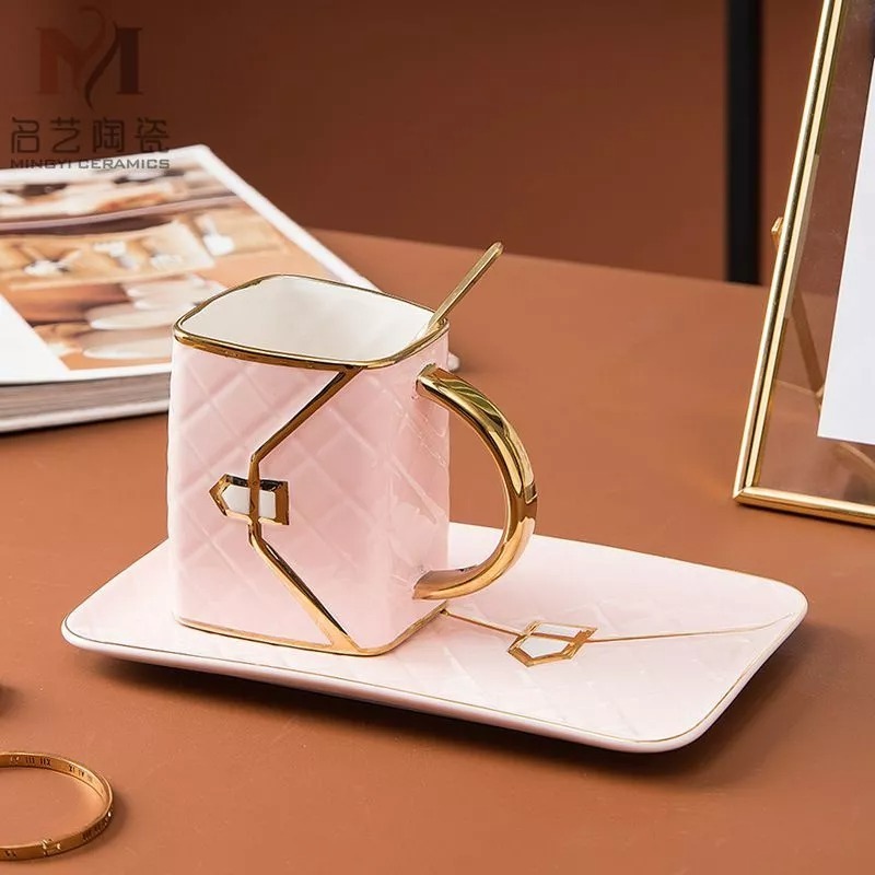 創意時尚包包造型菱格紋陶瓷花茶咖啡杯碟組結婚情人商務禮品馬克杯 (一杯一碟一勺）-細節圖6