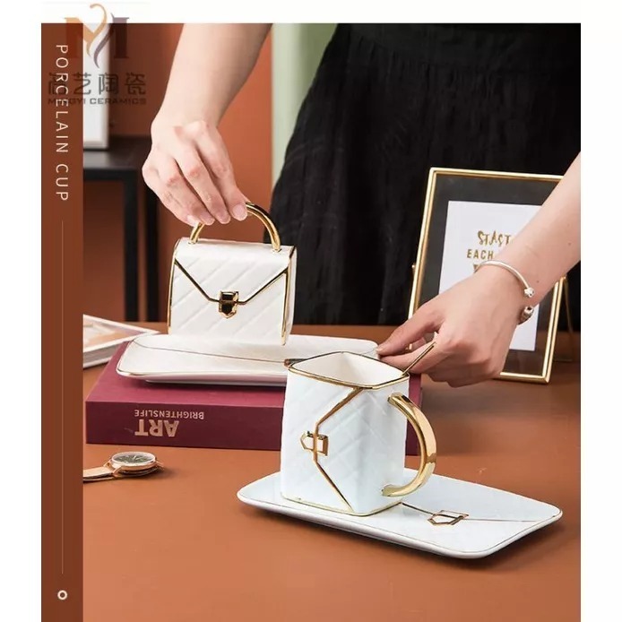 創意時尚包包造型菱格紋陶瓷花茶咖啡杯碟組結婚情人商務禮品馬克杯 (一杯一碟一勺）-細節圖8