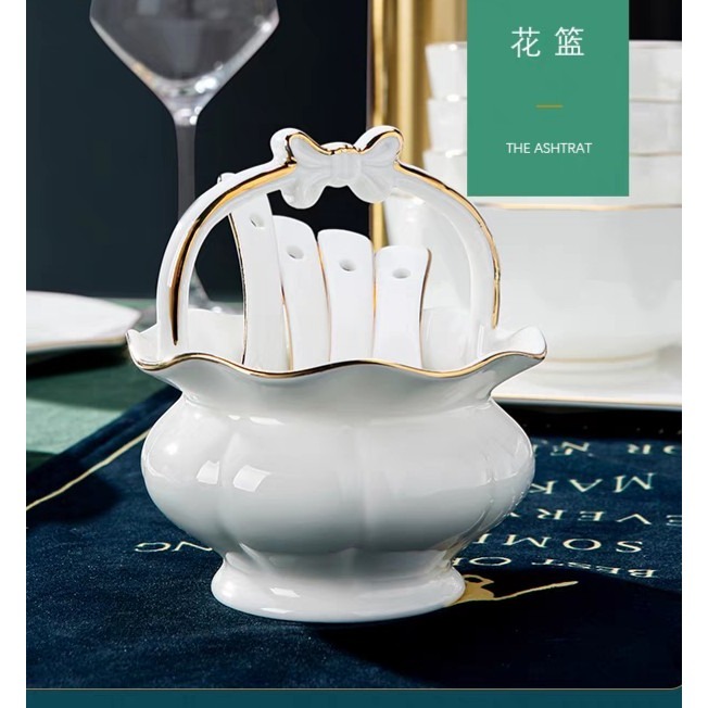 『蝴蝶結手繪描金湯匙放置花籃骨瓷筷子筒刀叉籠勺子收納籃』-細節圖2