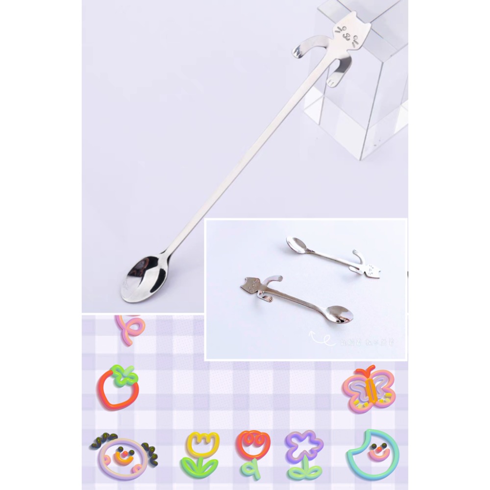 304不鏽鋼貓掛勺四件組 可愛創意卡通猫咪咖啡勺甜品小勺子掛壁攪拌勺調羹勺-細節圖2