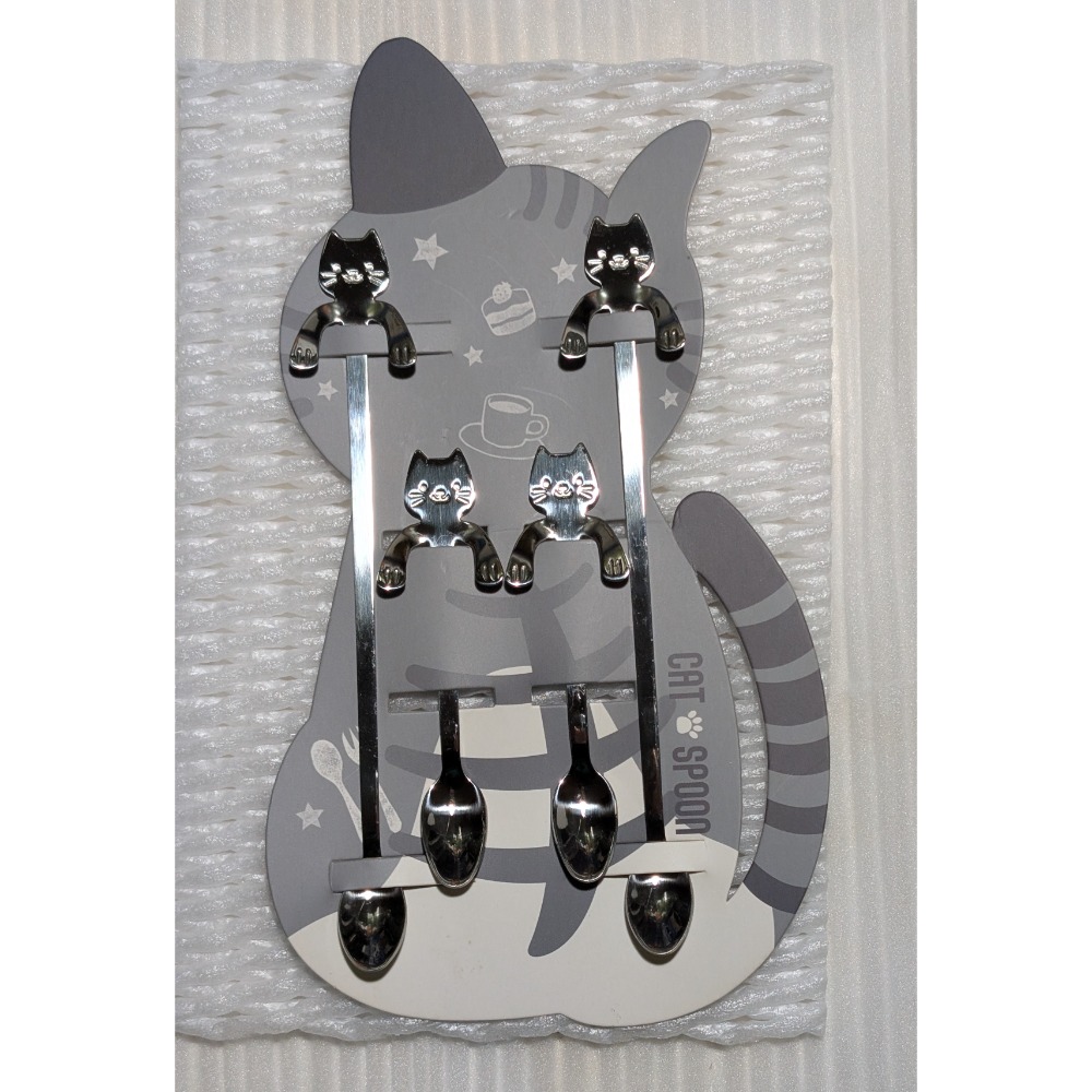 304不鏽鋼貓掛勺四件組 可愛創意卡通猫咪咖啡勺甜品小勺子掛壁攪拌勺調羹勺-細節圖4