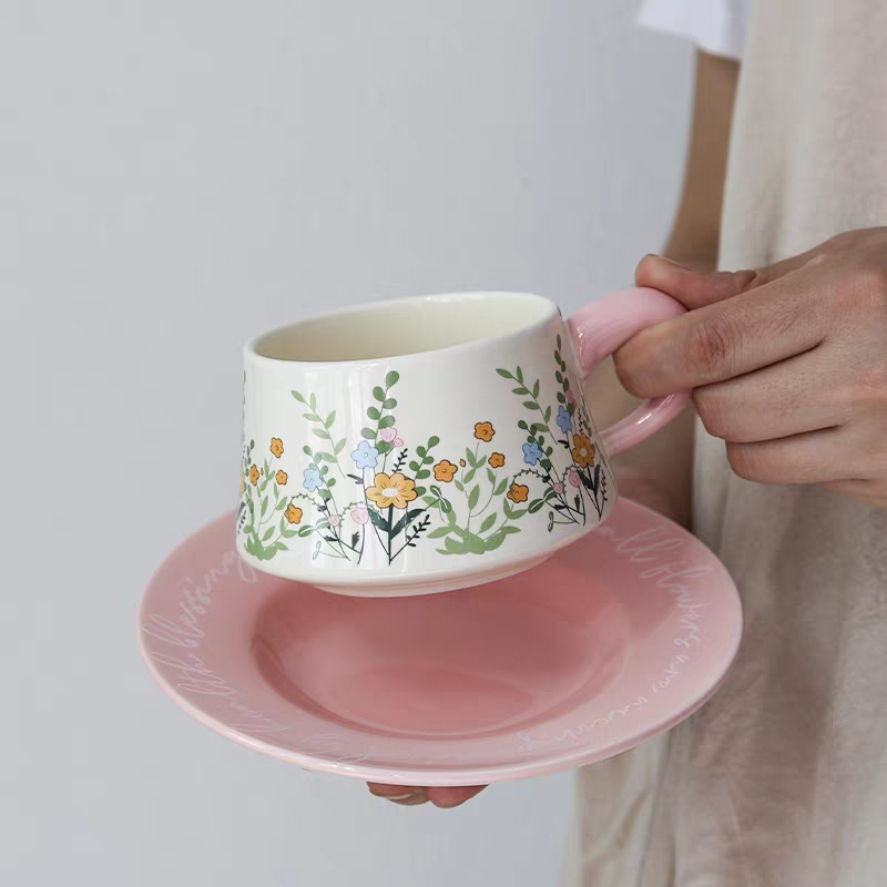 油畫感復古風陶瓷馬克杯田園花卉圖案禮盒裝咖啡杯碟勺組-細節圖4