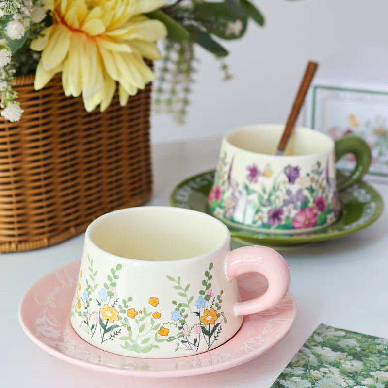 油畫感復古風陶瓷馬克杯田園花卉圖案禮盒裝咖啡杯碟勺組-細節圖5