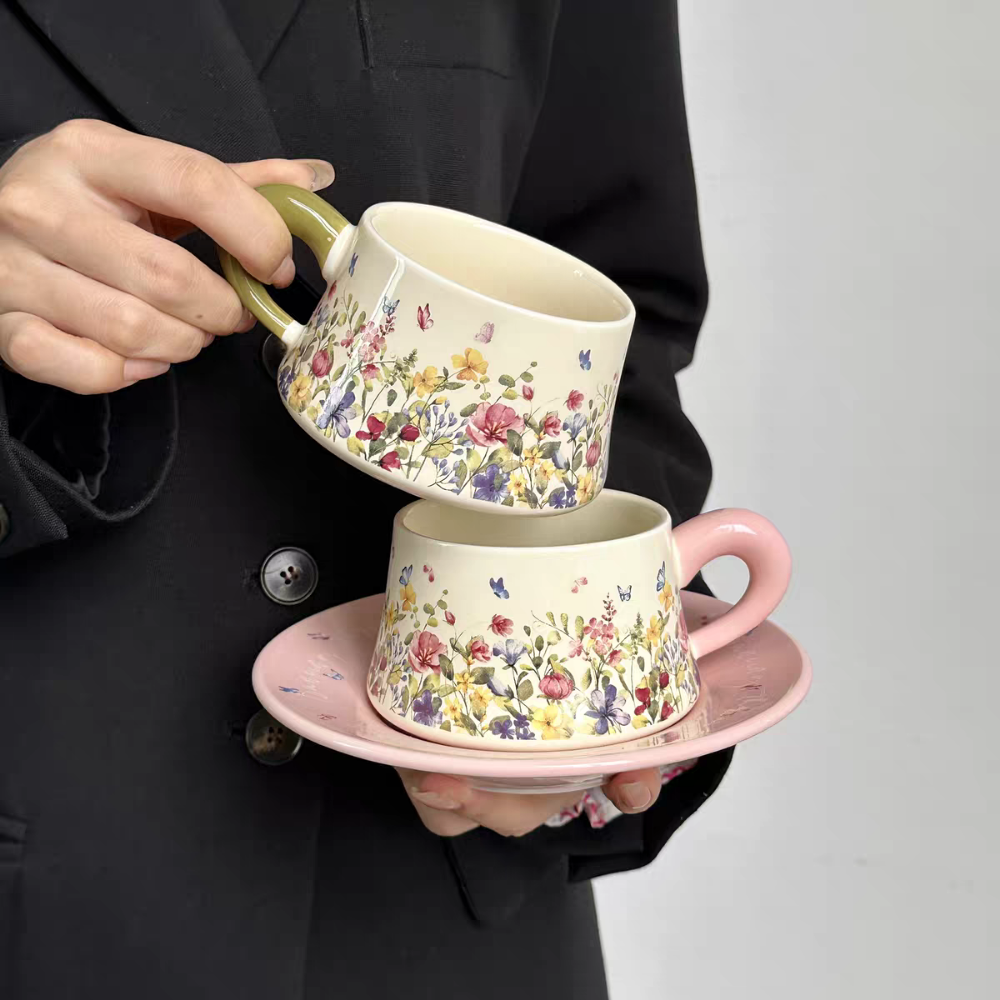 油畫感復古風陶瓷馬克杯田園花卉圖案禮盒裝咖啡杯碟勺組-細節圖7