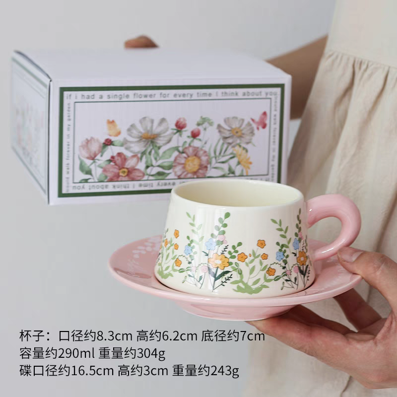 油畫感復古風陶瓷馬克杯田園花卉圖案禮盒裝咖啡杯碟勺組-細節圖6
