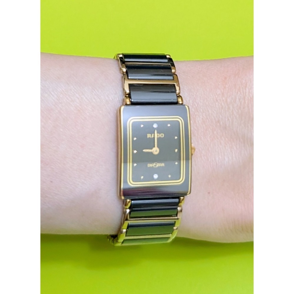 瑞士雷達表永不磨損RADO DiaStar鑽星系列防刮防水高科技陶瓷錶鍊兩顆鑽石英黑金方形女腕錶創新耐用風格獨特-規格圖7