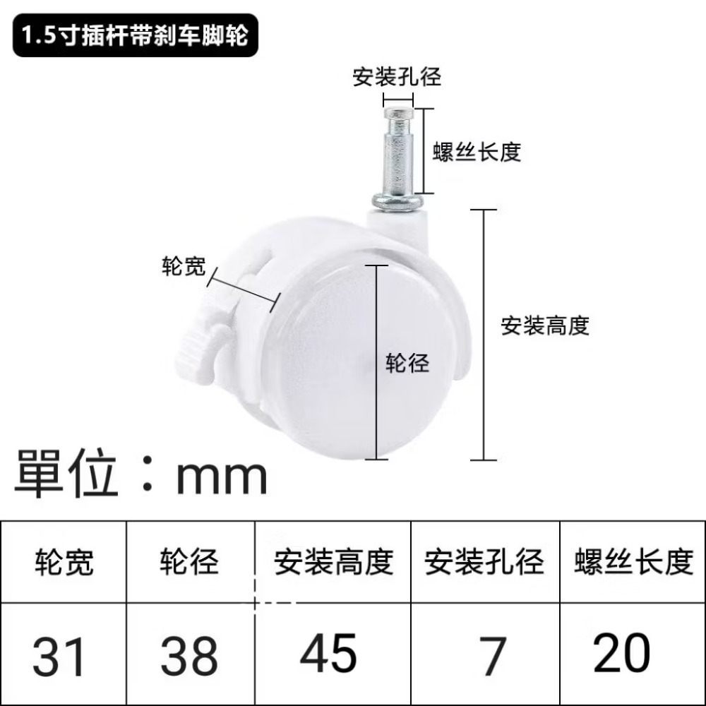 静音方向輪1.5吋曬衣架置物櫃桌櫃移動滑輪帶剎簡易插入式脚輪四只裝-細節圖4