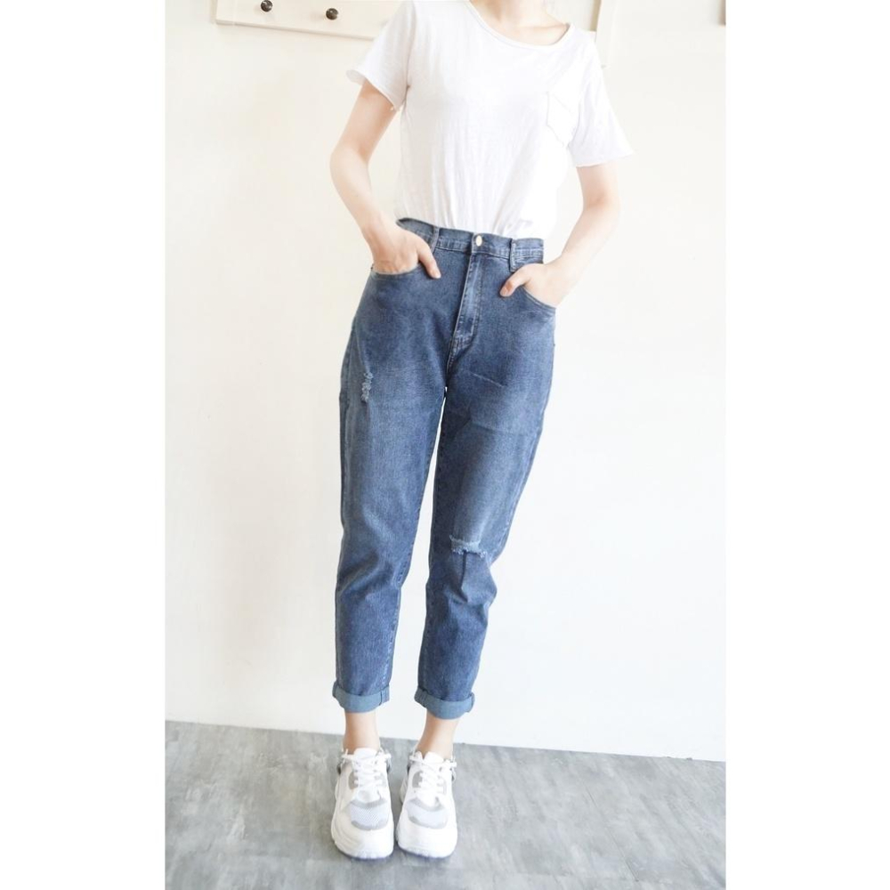 高腰顯瘦 後鬆緊男友褲 復古刷色 彈力鬆緊腰 寬鬆哈倫褲 刷破休閒褲 日系街頭  牛仔長褲【651-300】S~XL-細節圖5