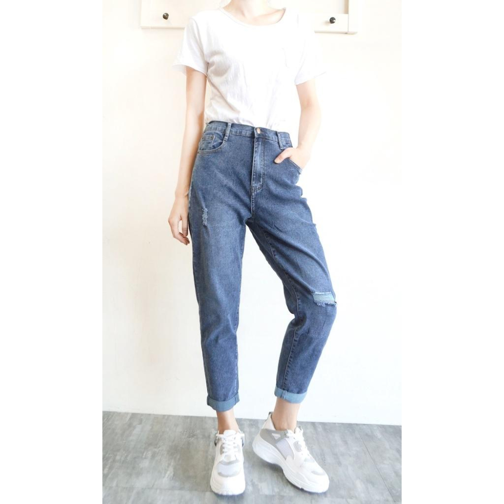 高腰顯瘦 後鬆緊男友褲 復古刷色 彈力鬆緊腰 寬鬆哈倫褲 刷破休閒褲 日系街頭  牛仔長褲【651-300】S~XL-細節圖6