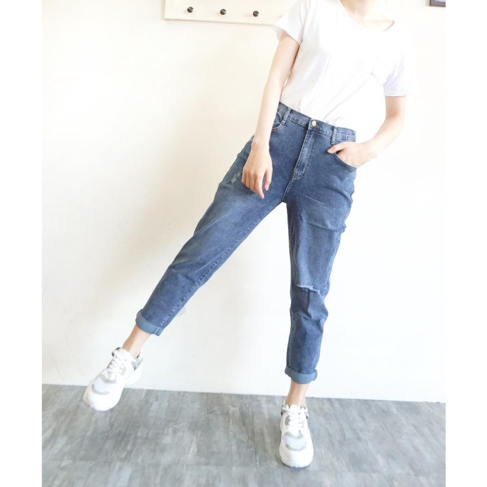 高腰顯瘦 後鬆緊男友褲 復古刷色 彈力鬆緊腰 寬鬆哈倫褲 刷破休閒褲 日系街頭  牛仔長褲【651-300】S~XL-細節圖7