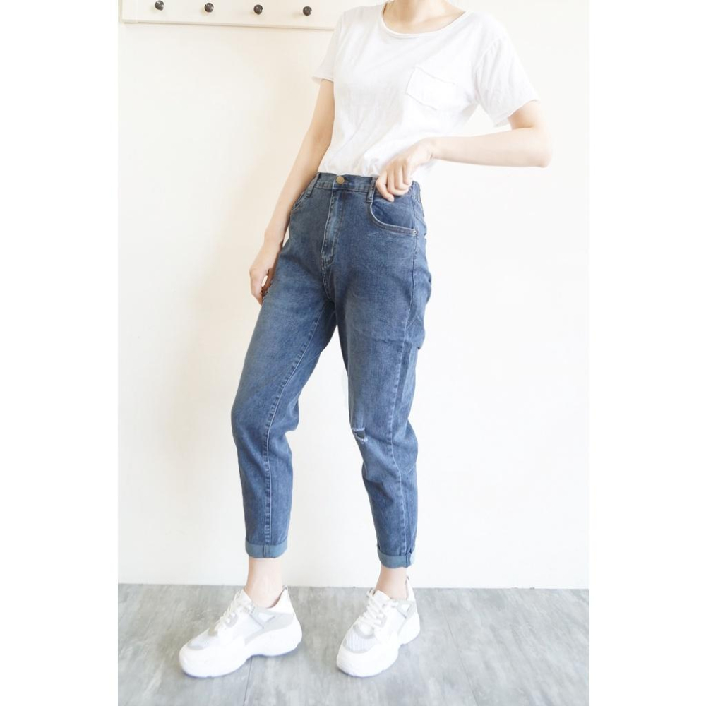 高腰顯瘦 後鬆緊男友褲 復古刷色 彈力鬆緊腰 寬鬆哈倫褲 刷破休閒褲 日系街頭  牛仔長褲【651-300】S~XL-細節圖8