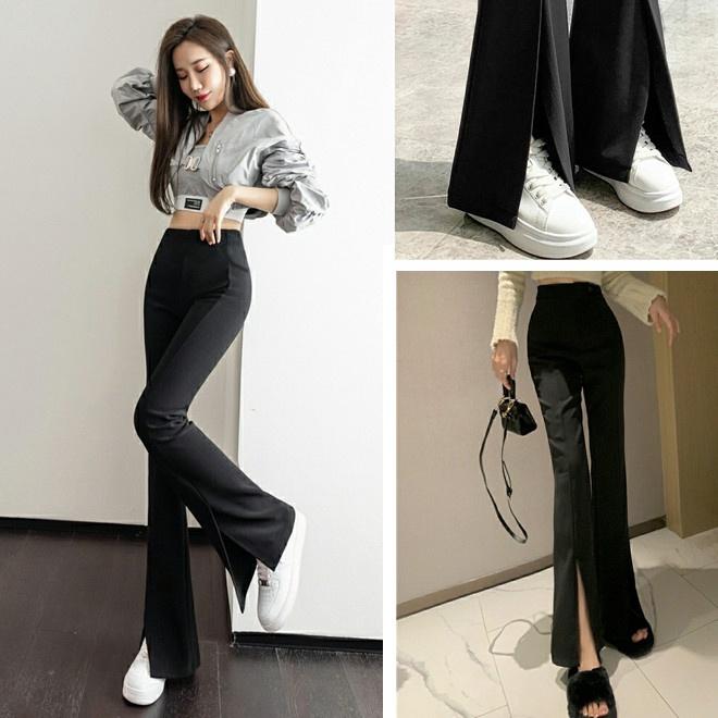 獨家訂製 前開衩喇叭褲 韓版彈力顯瘦-5KG 逆天長腿 微喇叭褲 黑色喇叭褲  高腰黑褲【056-381】S~XL-細節圖2