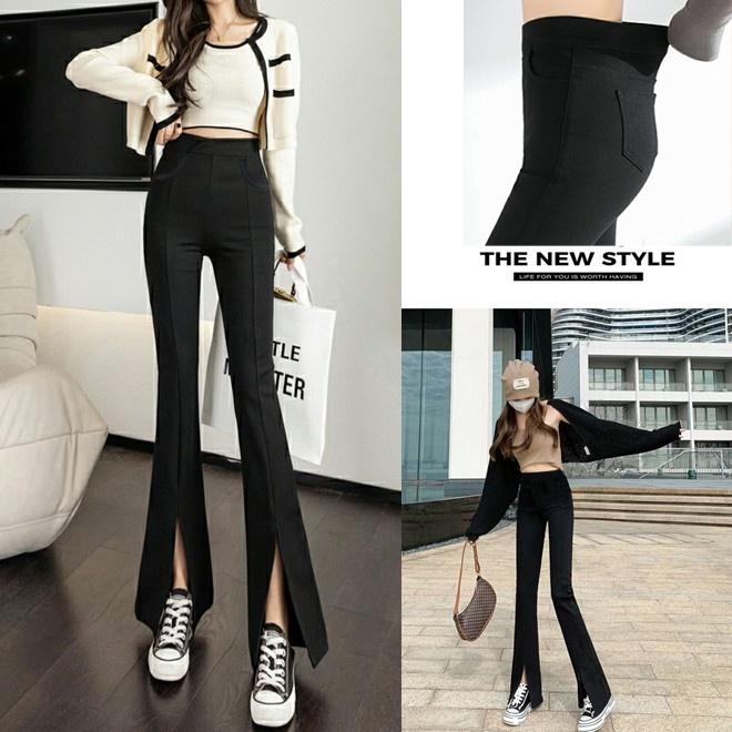 獨家訂製 前開衩喇叭褲 韓版彈力顯瘦-5KG 逆天長腿 微喇叭褲 黑色喇叭褲  高腰黑褲【056-381】S~XL-細節圖3