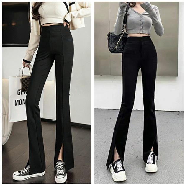 獨家訂製 前開衩喇叭褲 韓版彈力顯瘦-5KG 逆天長腿 微喇叭褲 黑色喇叭褲  高腰黑褲【056-381】S~XL-細節圖5