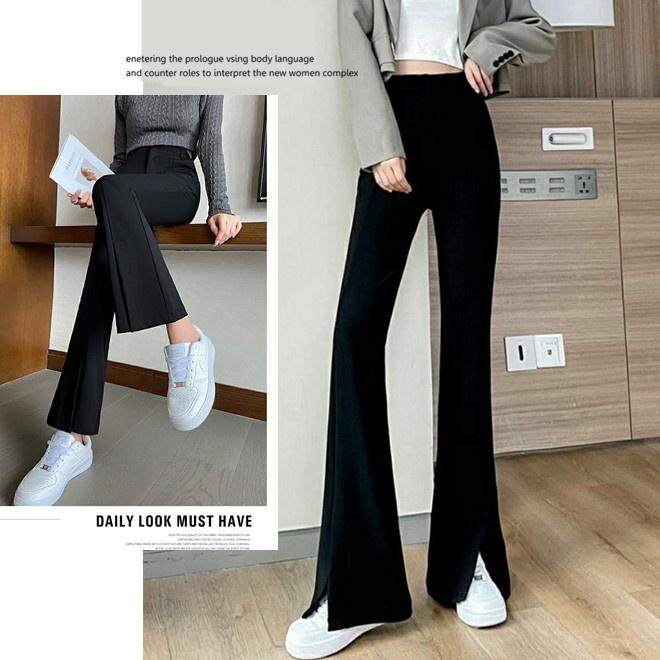 獨家訂製 前開衩喇叭褲 韓版彈力顯瘦-5KG 逆天長腿 微喇叭褲 黑色喇叭褲  高腰黑褲【056-381】S~XL-細節圖6