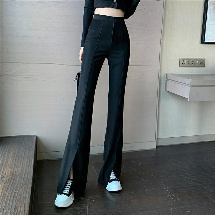 獨家訂製 前開衩喇叭褲 韓版彈力顯瘦-5KG 逆天長腿 微喇叭褲 黑色喇叭褲  高腰黑褲【056-381】S~XL-細節圖8