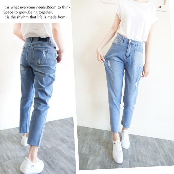 現貨 高腰顯瘦 日系淺色男友褲 牛仔長褲女 獨創拼接口袋 彈力舒適 春夏百搭 ins休閒褲【253-667】S~XL-細節圖2