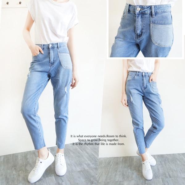 現貨 高腰顯瘦 日系淺色男友褲 牛仔長褲女 獨創拼接口袋 彈力舒適 春夏百搭 ins休閒褲【253-667】S~XL-細節圖3