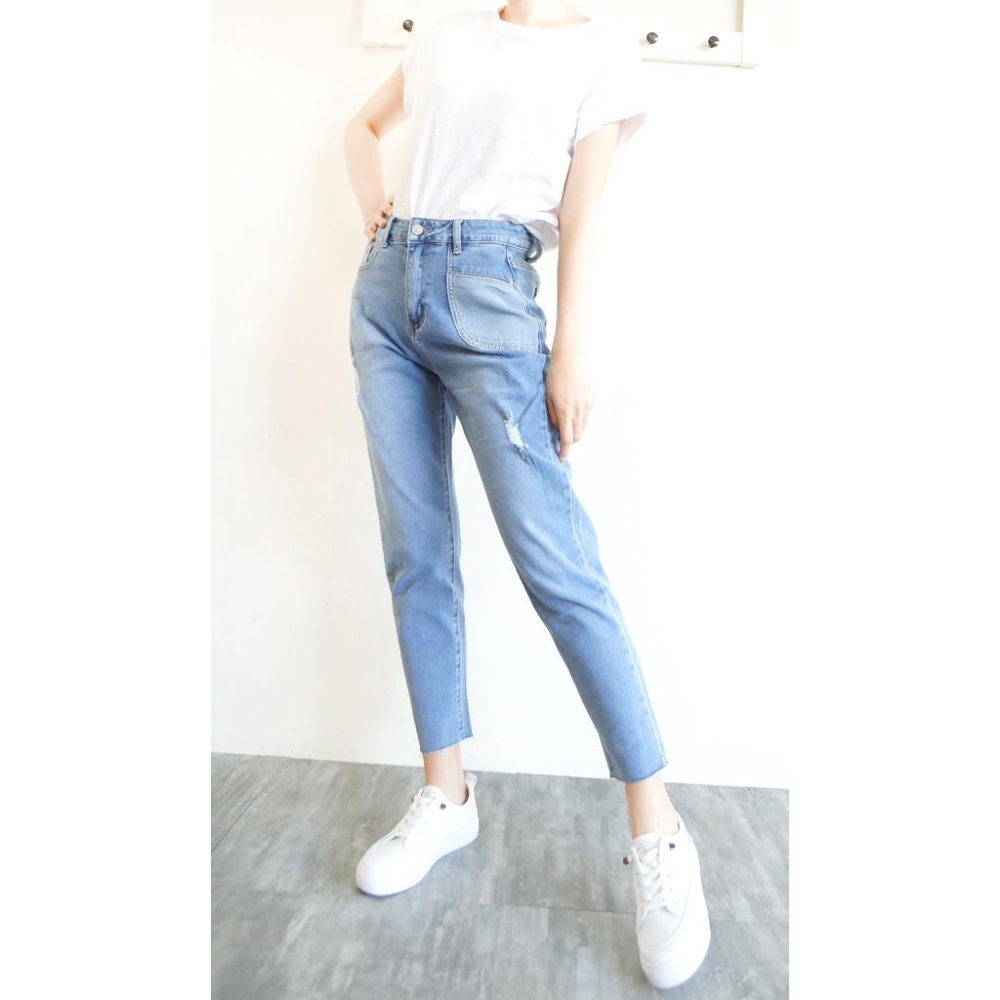 現貨 高腰顯瘦 日系淺色男友褲 牛仔長褲女 獨創拼接口袋 彈力舒適 春夏百搭 ins休閒褲【253-667】S~XL-細節圖4