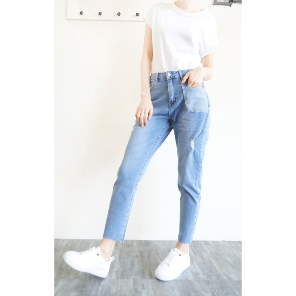 現貨 高腰顯瘦 日系淺色男友褲 牛仔長褲女 獨創拼接口袋 彈力舒適 春夏百搭 ins休閒褲【253-667】S~XL-細節圖5