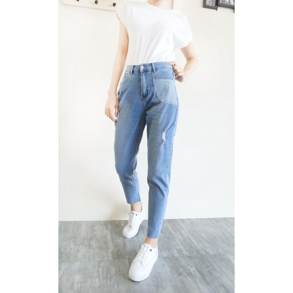 現貨 高腰顯瘦 日系淺色男友褲 牛仔長褲女 獨創拼接口袋 彈力舒適 春夏百搭 ins休閒褲【253-667】S~XL-細節圖6