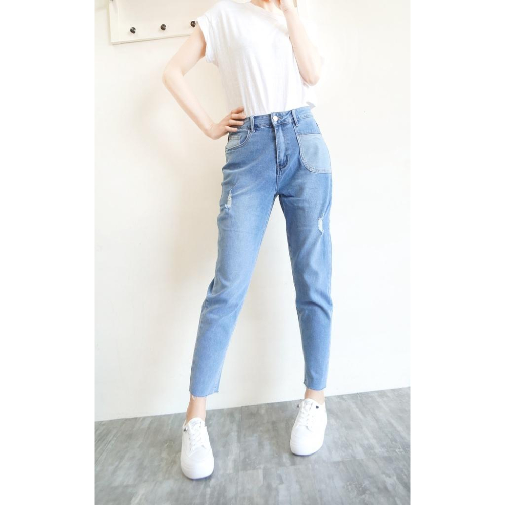 現貨 高腰顯瘦 日系淺色男友褲 牛仔長褲女 獨創拼接口袋 彈力舒適 春夏百搭 ins休閒褲【253-667】S~XL-細節圖7