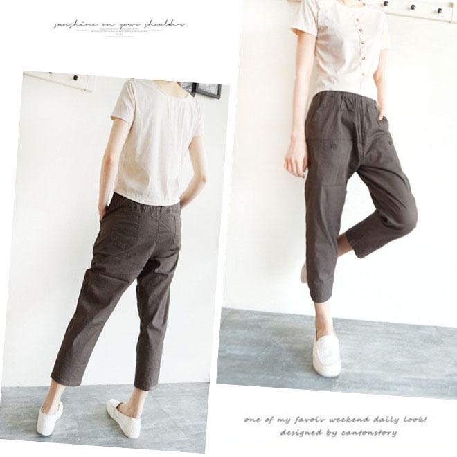 高腰哈倫褲 鬆緊褲 休閒褲 寬褲 工作褲 大口袋 舒適涼爽薄彈 ins百搭  鬆緊褲頭【559-760】卡其、咖2色-細節圖3