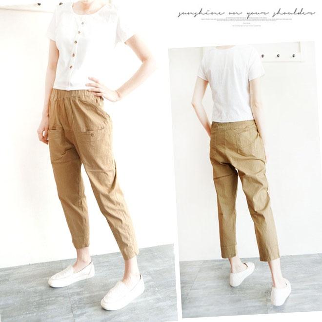 高腰哈倫褲 鬆緊褲 休閒褲 寬褲 工作褲 大口袋 舒適涼爽薄彈 ins百搭  鬆緊褲頭【559-760】卡其、咖2色-細節圖4