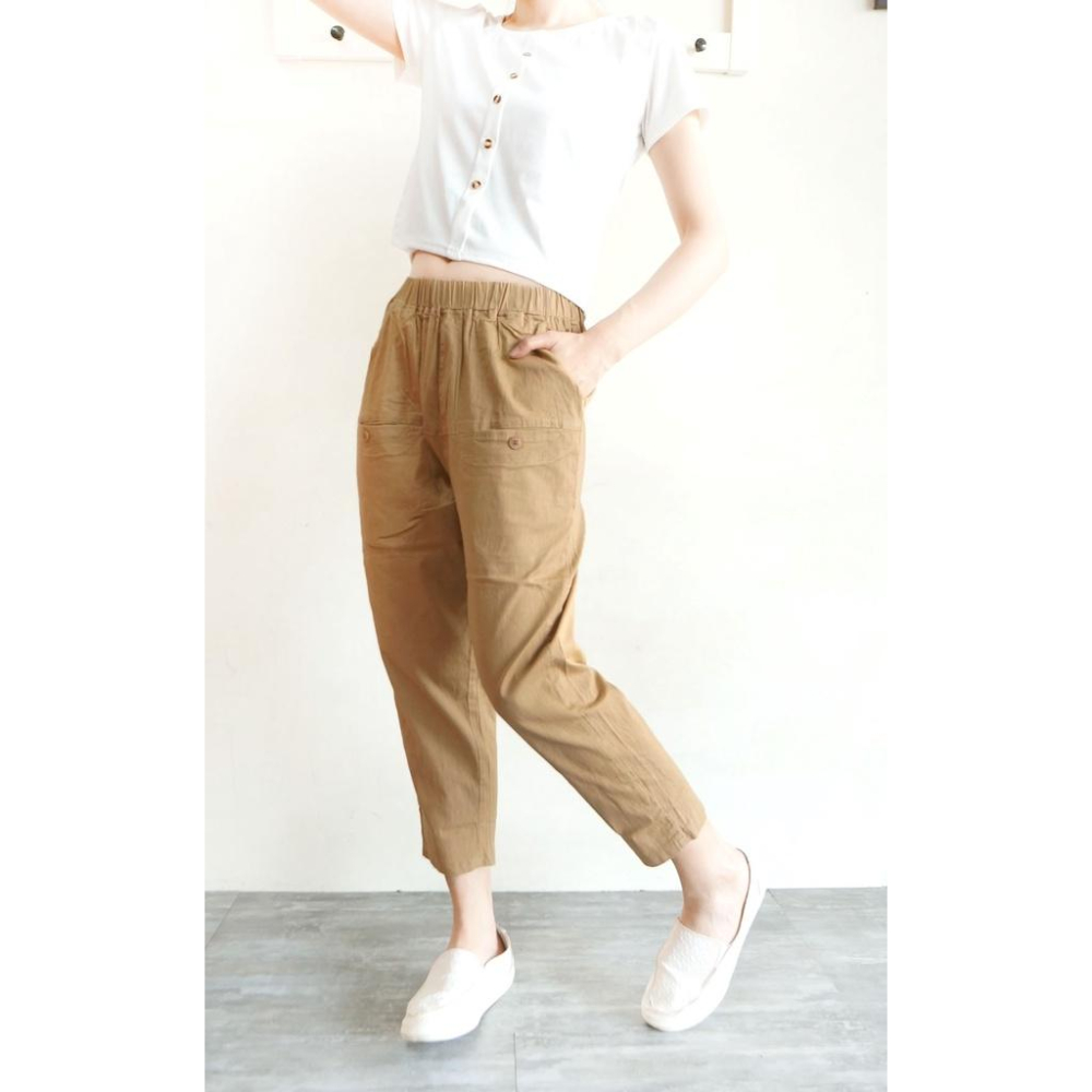 高腰哈倫褲 鬆緊褲 休閒褲 寬褲 工作褲 大口袋 舒適涼爽薄彈 ins百搭  鬆緊褲頭【559-760】卡其、咖2色-細節圖8