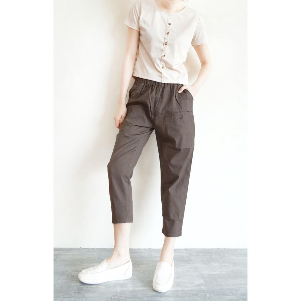 高腰哈倫褲 鬆緊褲 休閒褲 寬褲 工作褲 大口袋 舒適涼爽薄彈 ins百搭  鬆緊褲頭【559-760】卡其、咖2色-細節圖9