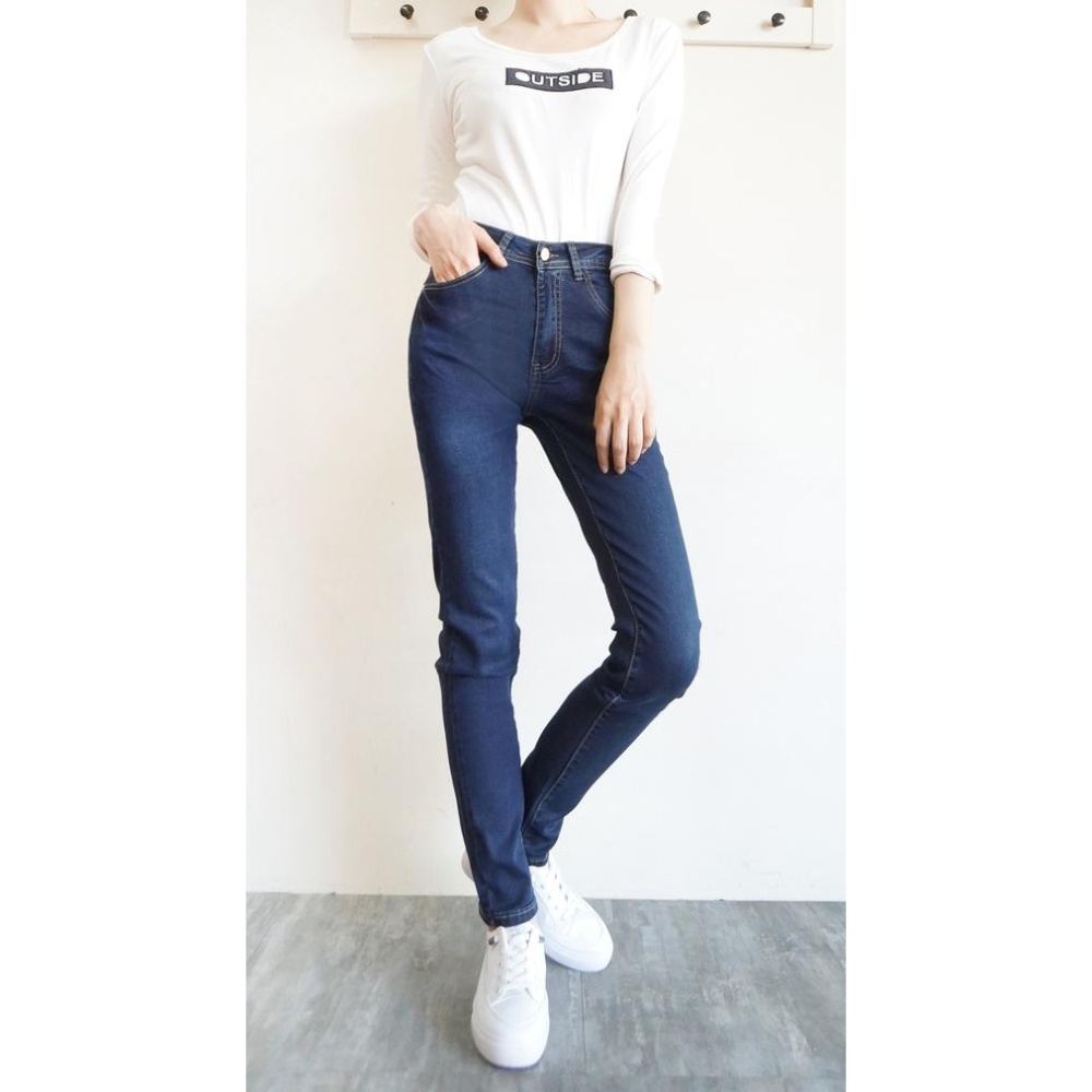現貨 高腰顯瘦 彈力牛仔長褲 小中大尺碼 細腰提臀美尻 ins素色百搭 休閒長褲  彈性牛仔褲【855-783】M~3L-細節圖3