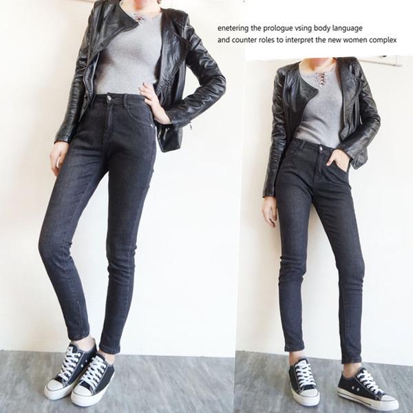 韓版高腰 超彈顯瘦 保暖磨毛牛仔褲 秋冬保暖褲 黑灰刷色 素色百搭 小腳褲  牛仔長褲【633-665】S~XL-細節圖2