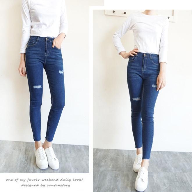 獨家訂製 超彈力交織丹寧 高腰顯瘦 牛仔褲 小腳褲 休閒牛仔褲 質感刷破 素色百搭 長褲【851-361】S~XL-細節圖2