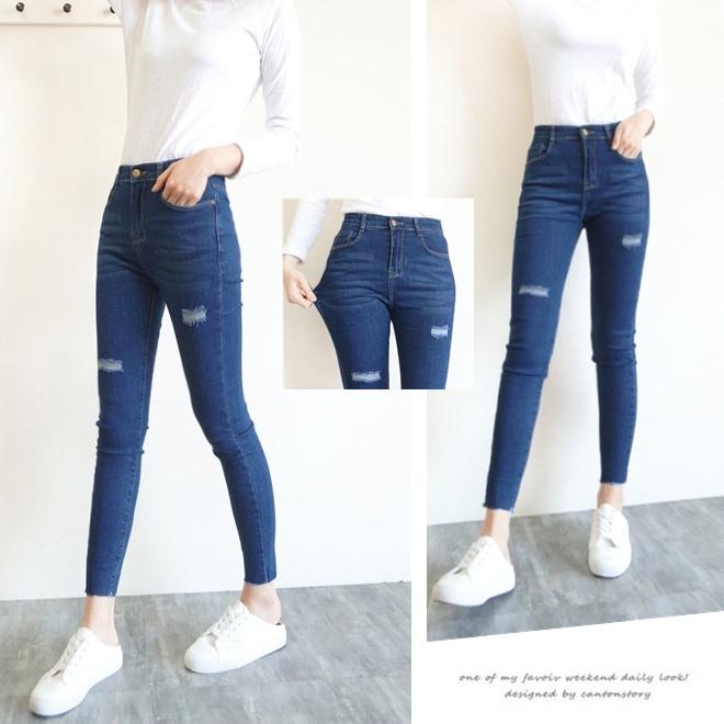 獨家訂製 超彈力交織丹寧 高腰顯瘦 牛仔褲 小腳褲 休閒牛仔褲 質感刷破 素色百搭 長褲【851-361】S~XL-細節圖3