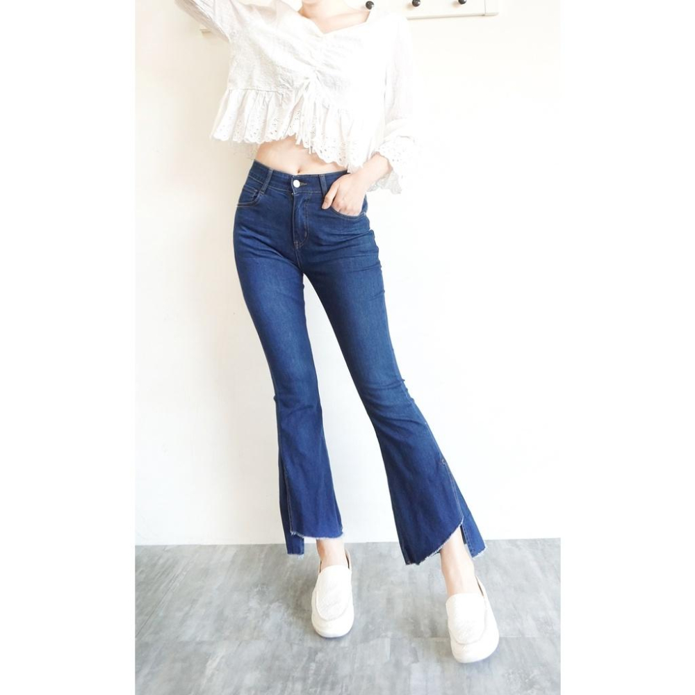 顯瘦超彈力 韓版高腰喇叭牛仔褲 女牛仔長褲 喇叭褲 鬆緊褲頭 側邊褲腳開叉 寬褲 百搭休閒褲【753-650】S~XL-細節圖4