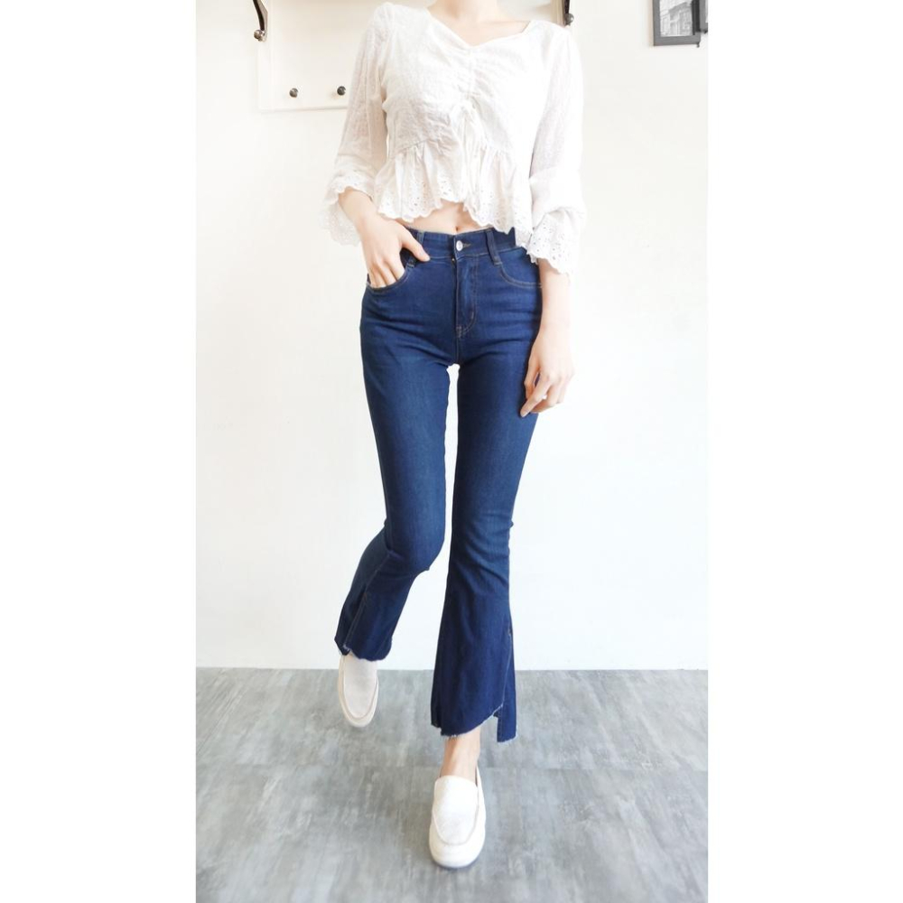 顯瘦超彈力 韓版高腰喇叭牛仔褲 女牛仔長褲 喇叭褲 鬆緊褲頭 側邊褲腳開叉 寬褲 百搭休閒褲【753-650】S~XL-細節圖5