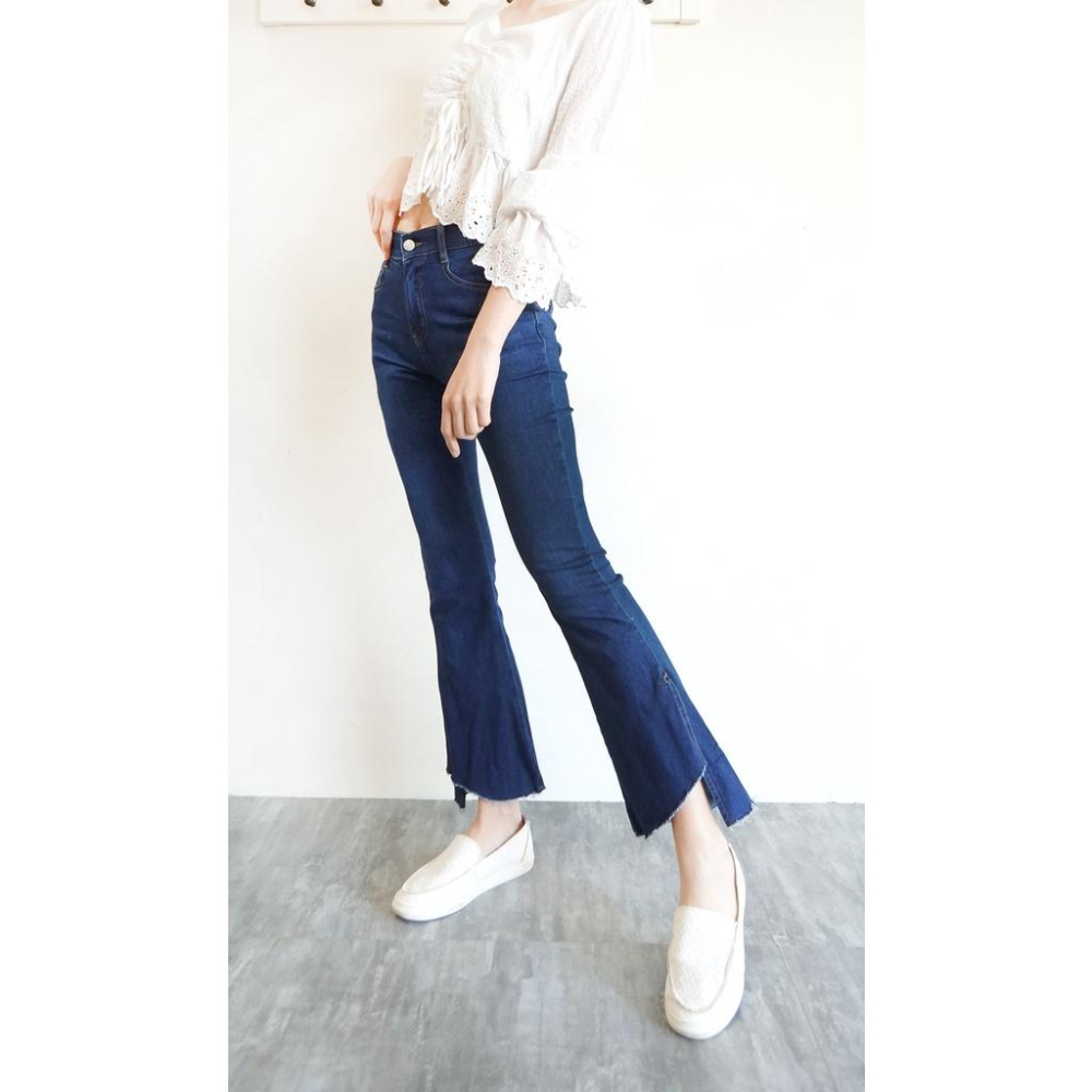 顯瘦超彈力 韓版高腰喇叭牛仔褲 女牛仔長褲 喇叭褲 鬆緊褲頭 側邊褲腳開叉 寬褲 百搭休閒褲【753-650】S~XL-細節圖7