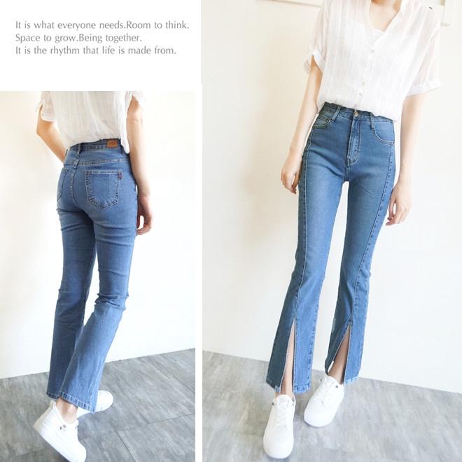 獨家訂製 激瘦前開衩喇叭褲 韓版高腰顯瘦 喇叭牛仔褲 長腿翹臀彈力牛仔喇叭 素色時尚百搭【351-300】S~XL-細節圖3