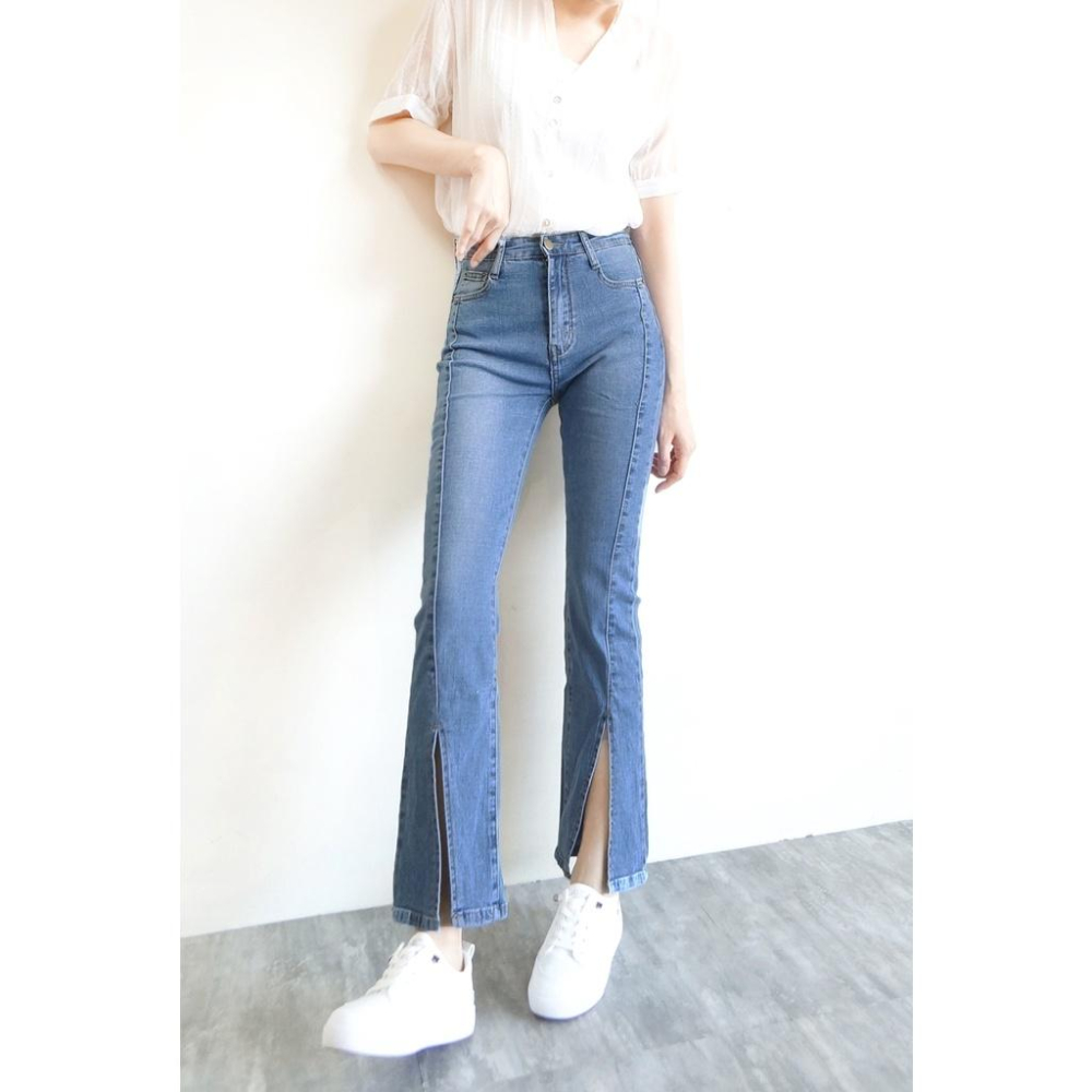 獨家訂製 激瘦前開衩喇叭褲 韓版高腰顯瘦 喇叭牛仔褲 長腿翹臀彈力牛仔喇叭 素色時尚百搭【351-300】S~XL-細節圖5