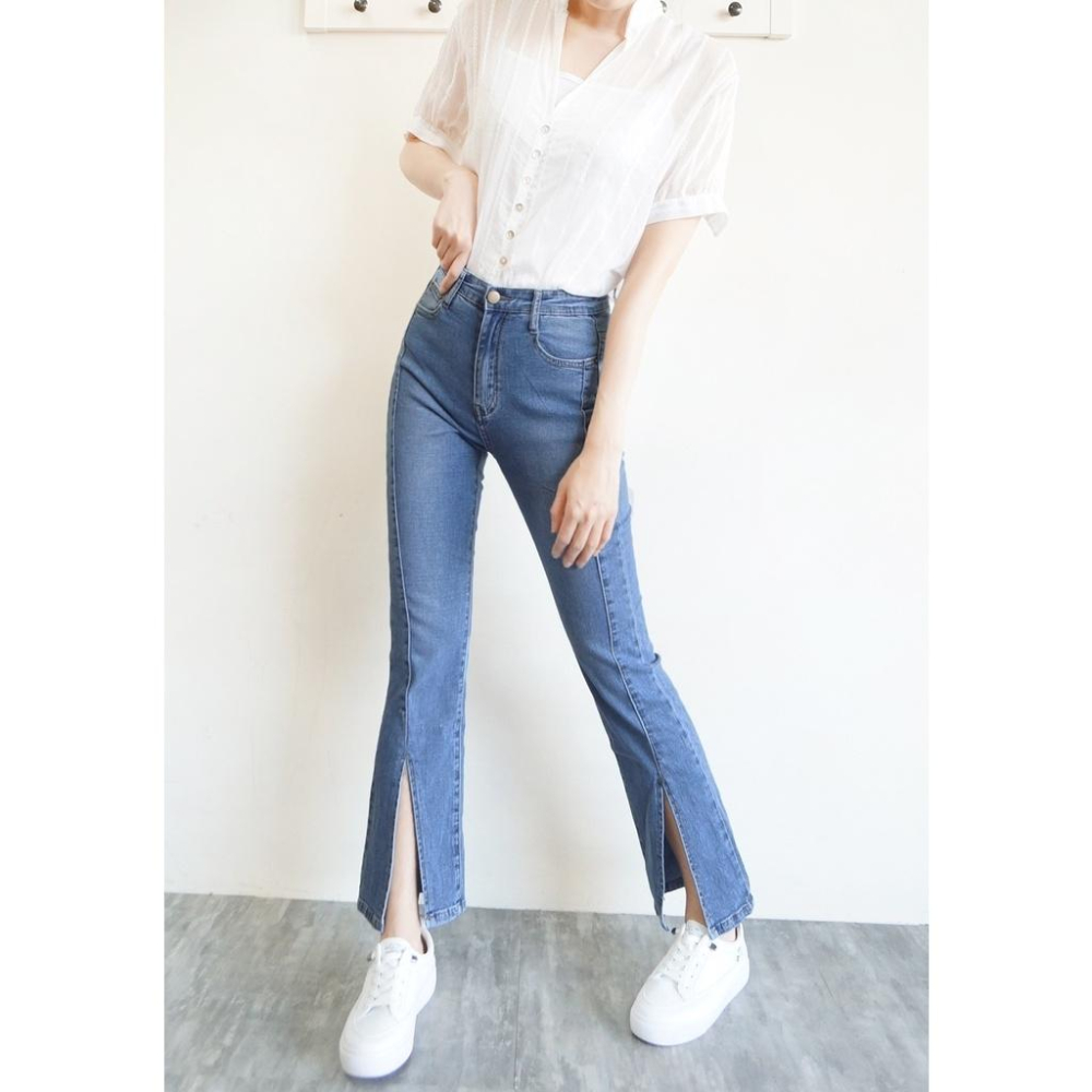 獨家訂製 激瘦前開衩喇叭褲 韓版高腰顯瘦 喇叭牛仔褲 長腿翹臀彈力牛仔喇叭 素色時尚百搭【351-300】S~XL-細節圖6