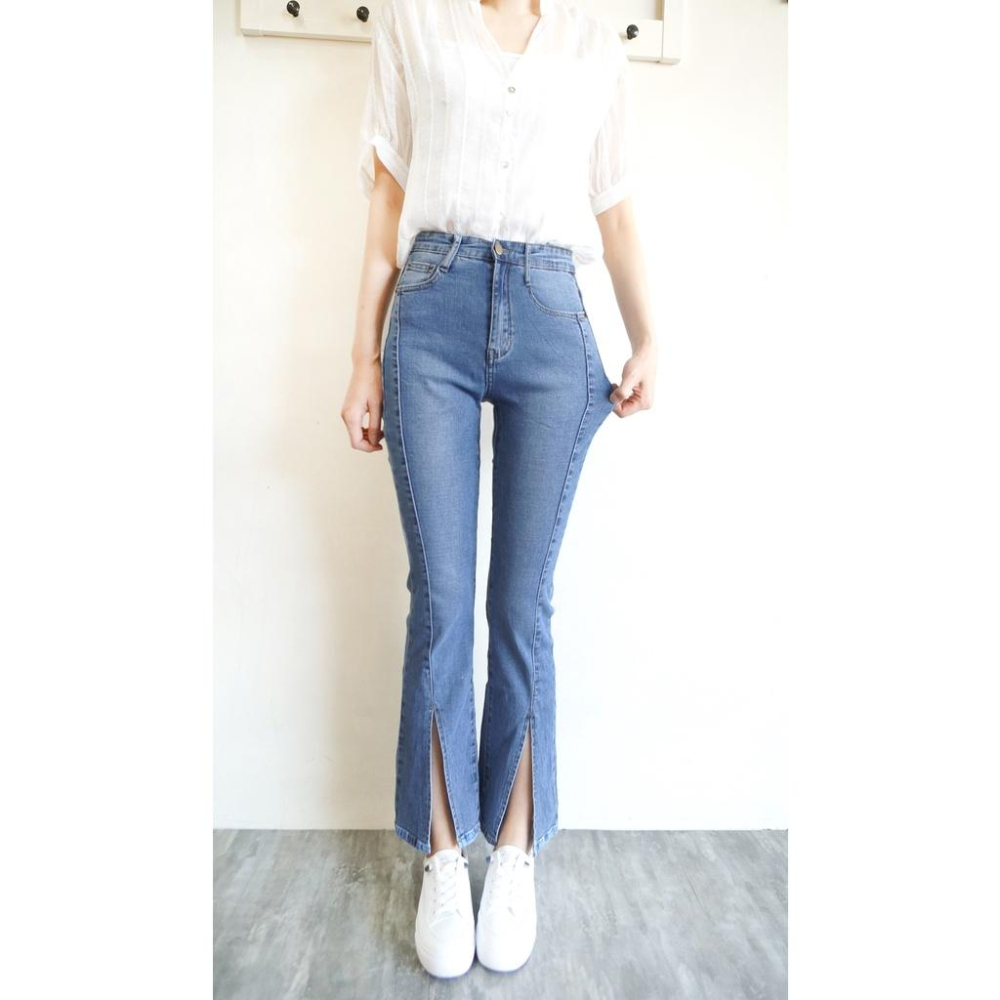 獨家訂製 激瘦前開衩喇叭褲 韓版高腰顯瘦 喇叭牛仔褲 長腿翹臀彈力牛仔喇叭 素色時尚百搭【351-300】S~XL-細節圖7