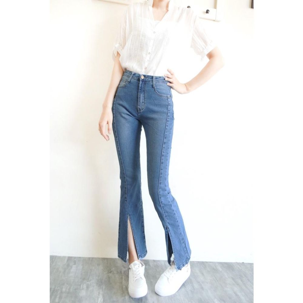 獨家訂製 激瘦前開衩喇叭褲 韓版高腰顯瘦 喇叭牛仔褲 長腿翹臀彈力牛仔喇叭 素色時尚百搭【351-300】S~XL-細節圖8