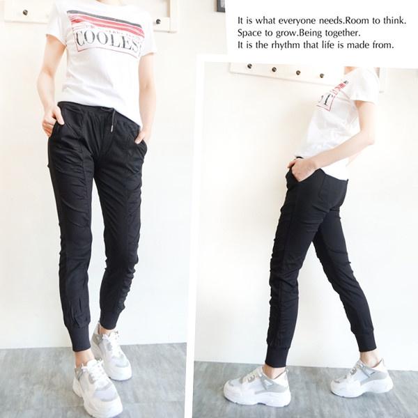 現貨 -8KG薄款彈力束口褲 女生縮口褲 鬆緊拉繩 顯瘦抓皺 百搭黑褲 束口褲女 休閒褲女【554-978】M~2L-細節圖2