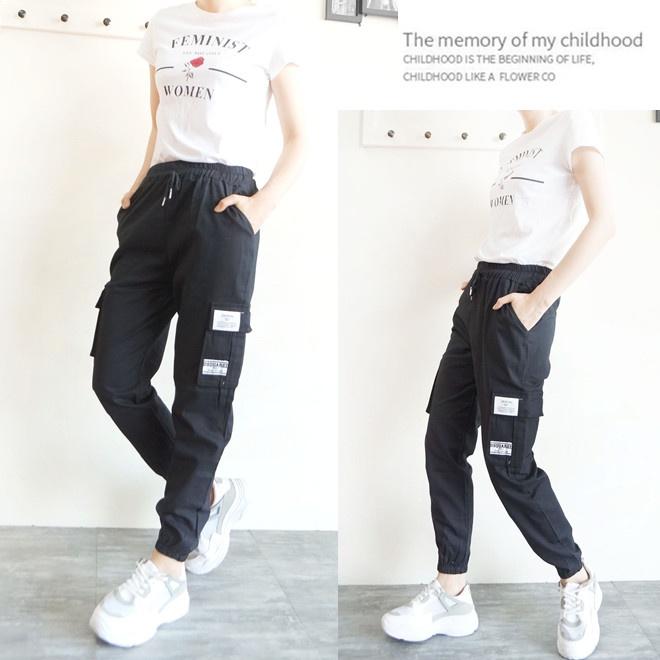 台灣現貨 束口褲女生 韓版顯瘦 工作褲 鬆緊褲頭拉繩 挺版工作褲 縮口褲女生  ins百搭【750-702】綠、黑2色-細節圖2