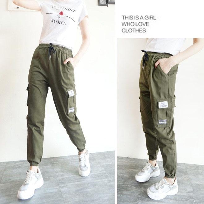 台灣現貨 束口褲女生 韓版顯瘦 工作褲 鬆緊褲頭拉繩 挺版工作褲 縮口褲女生  ins百搭【750-702】綠、黑2色-細節圖3
