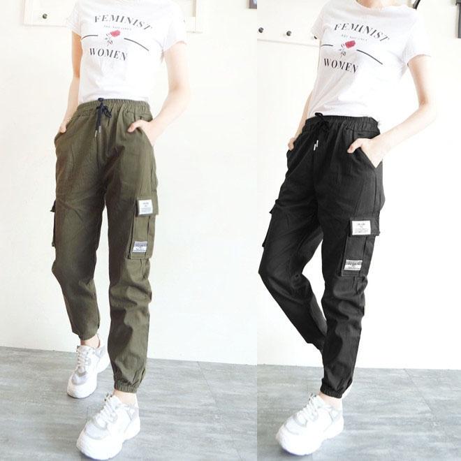 台灣現貨 束口褲女生 韓版顯瘦 工作褲 鬆緊褲頭拉繩 挺版工作褲 縮口褲女生  ins百搭【750-702】綠、黑2色-細節圖4