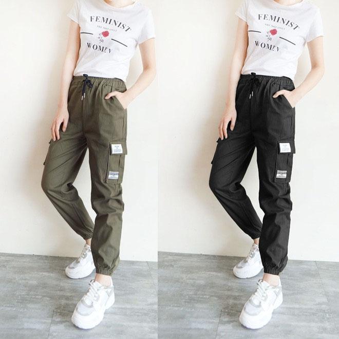 台灣現貨 束口褲女生 韓版顯瘦 工作褲 鬆緊褲頭拉繩 挺版工作褲 縮口褲女生  ins百搭【750-702】綠、黑2色-細節圖5