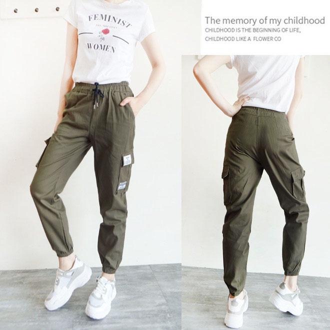 台灣現貨 束口褲女生 韓版顯瘦 工作褲 鬆緊褲頭拉繩 挺版工作褲 縮口褲女生  ins百搭【750-702】綠、黑2色-細節圖8