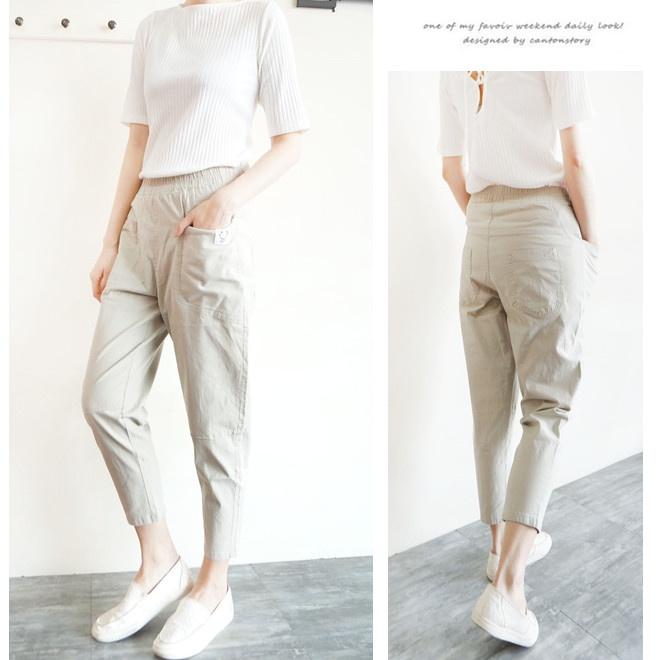 高腰鬆緊 休閒棉麻哈倫褲 寬鬆舒適 彈力顯瘦 素色百搭 春夏必備 薄款長褲 【253-612】M~2L(卡其、黑兩色)-細節圖2